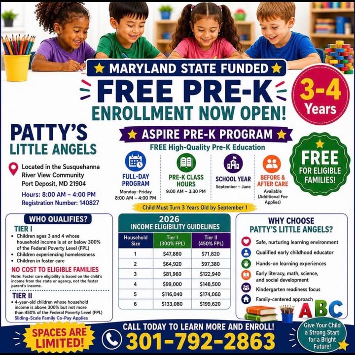 Open enrollment flyer for FREE Pre-K at Patty's Little Angels